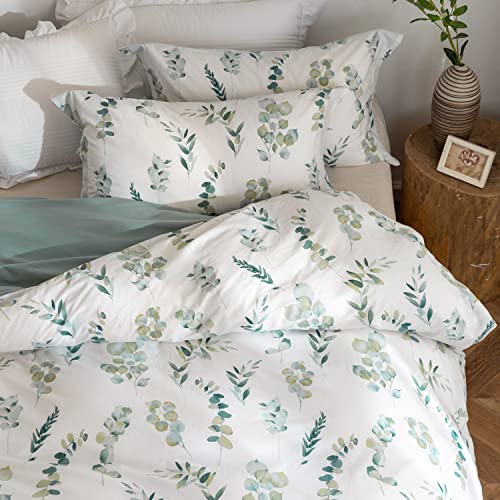 Mildly Farmhouse Duvet Cover Set - 100% Washed Cotton Sage Green Eucalyptus Printed Linen Feel Bedding Set With Zipper Closure 4 Ties Queen Size #TOP7