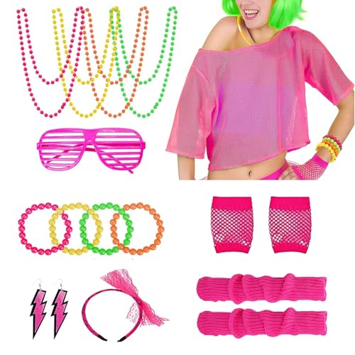Conjunto completo de acessórios de rede de néon dos anos 80 90, com bandana, aquecedores de pernas, pulseiras, óculos, colar e brincos para festas temáticas, carnaval e fantasia retro, Rosa.