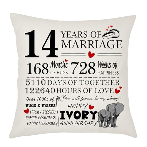 Weosan 14th Wedding Anniversary Ivory Anniversary Cushion Cover - Gift for Wife or Husband - 14 Years of Marriage Keepsake Present - Elegant 45x45cm Pillow Case (14 Years of Marriage)