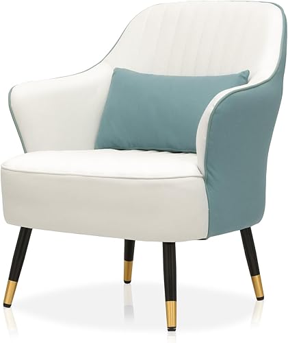 Miniatura 12 de Magshion Silla decorativa moderna con almohada lumbar, sillón tapizado de cuero, sillón individual ergonómico para sala de estar, dormitorio, Blanco