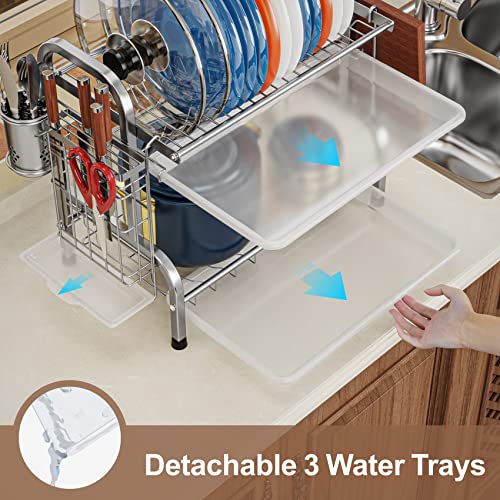 image for Dish Drying Rack, iSPECLE 304 Stainless Steel 2-Tier Dish Rack with Ut