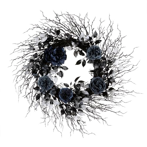 National Tree Company Artificial Deadwood and Roses Halloween Wreath, Black, 24 inch