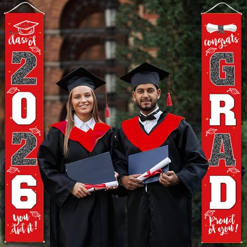 Image of Graduation Decorations 2026 Banner Porch Sign Red Black for Class of 2026 Graduates Party Supplies