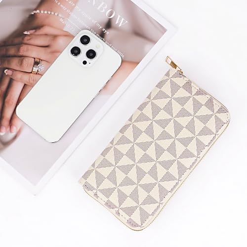 Triangle Print Wallet, Zippered PU Leather Credit Card and Cash Holder, Cellphone Purse, Beige and Gray Plaid4