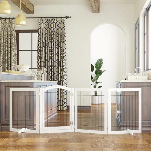 SPIRICH 96-inch Extra Wide 30-inches Tall Dog Gate with Door Walk Through, Freestanding Wire Pet Gate for The House, Doorway, Stairs, Pet Puppy Safety Fence, Support Feet Included (White) - Image 4