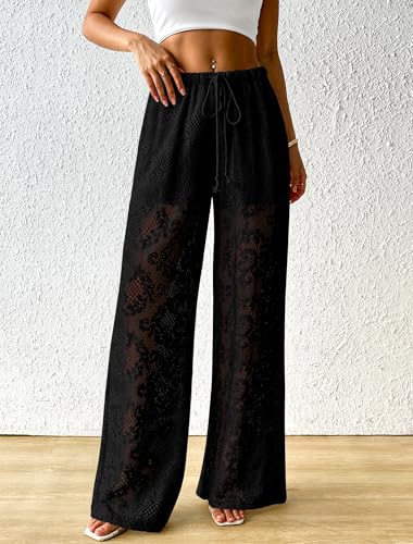 Bsubseach Women Crochet Beach Cover Up Pants Sheer Wide Leg Drawstring Summer Swimsuit Coverup Long Pants with Pockets3