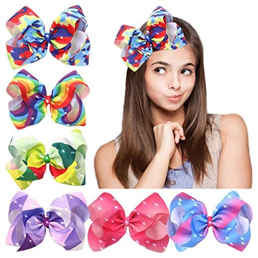 CÉLLOT 8 Inches Big Giant Colorful Pop Bows Grosgrain Ribbon Boutique Bling Sparkly Rainbow Hair Bows Alligator Clips For Baby Girls Teens Toddlers Gifts Pack Of 6