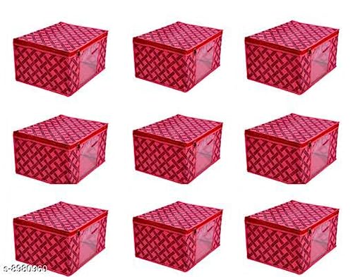 Image of Saree Organizer For Wardrobe - Foldable Saree Covers With Zip, Multipurpose Storage Bag For Suit, Lehanga, Dress Packing With Transparent Window, Pack of 9