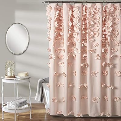 Lush Decor Riley Shower Curtain Bow Tie Textured Fabric Vintage Chic Farmhouse Style Bathroom Decor, 0, Blush
