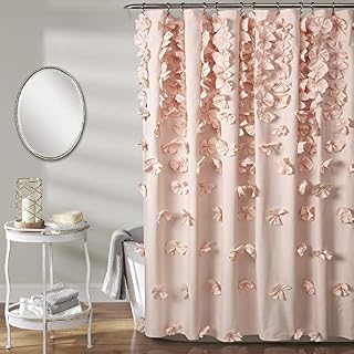 Lush Decor Riley Shower Curtain Bow Tie Textured Fabric Vintage Chic Farmhouse Style Bathroom Decor, 0, Blush