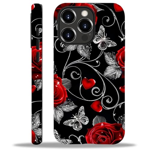 yicomon Compatible with iPhone 14 Pro Case, Red Roses Silver Butterflies Pattern Print Matte Phone Case Durable Fashion Funny Liquid Silicone Case Soft Anti-Scratch Shockproof Protective Cover