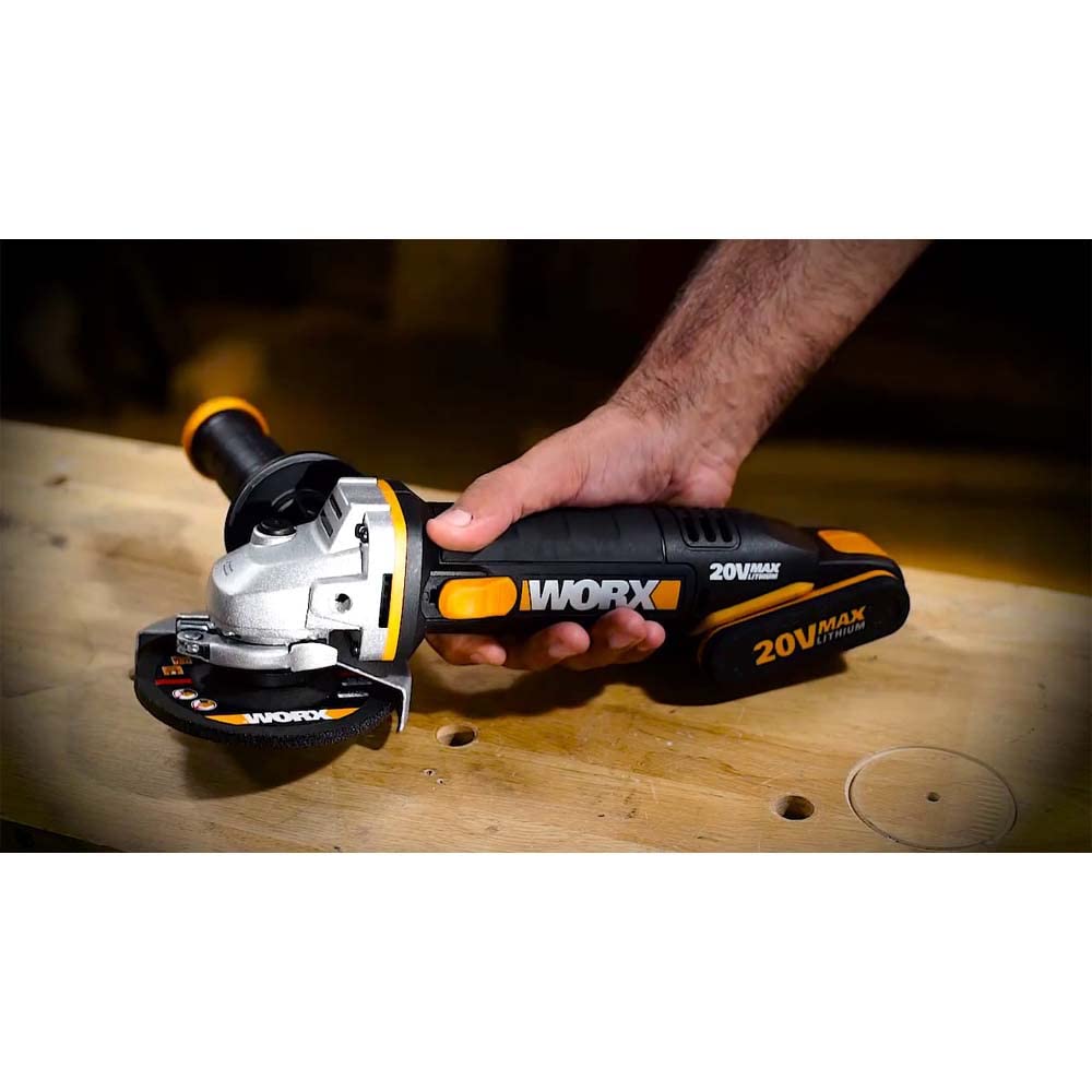 Worx WX800 Amoladora Angular 115mm 20V 8.000rpm 2 Baterías | Disc. 115mm, husillo M14, disco desbaste metal, cargador 1h, 2 baterías 2Ah, maletín