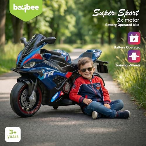 Image of Baybee BTR Baby Battery Operated Bike for Kids with Hand Accelerator USB Bluetooth, Rechargeable Rideon Toy Bike with RGB LED Light & Music, Baby Electric Bike for Kids 3+ Years Boys Girls (Blue)