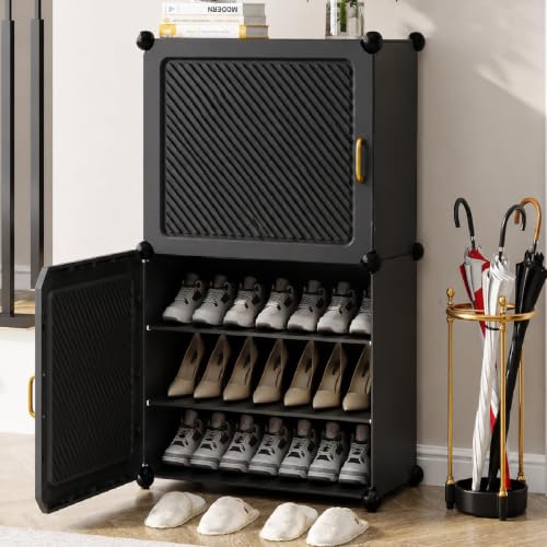 Image of EXVITO Plastic Shoe Rack for Home with Door, 6-Door Shoe Storage Cabinet | 18-Shelfs for 36 Pairs | Waterproof & Portable DIY Shoe Slipper & Chappal Stand for Entryway /Bedroom - (Grey, 2 Door)