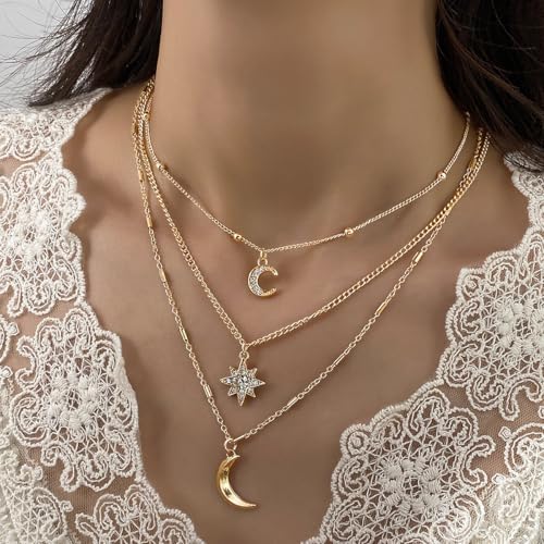 Layered Moon and Star Necklace Set, Gold-Tone Chain, Crystal Rhinestone Pendants, 3-Piece4