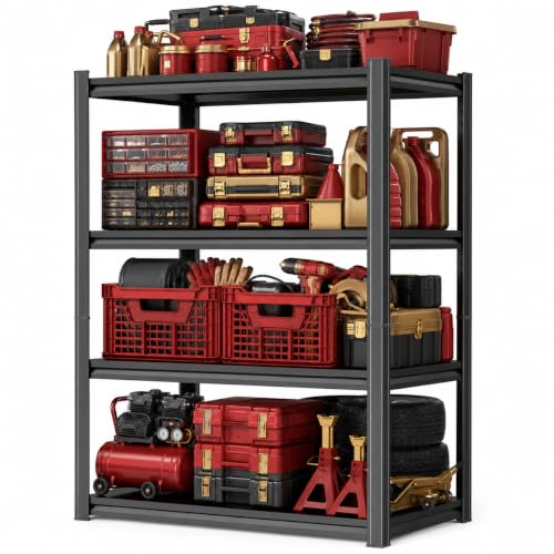 Image of Metal Garage Shelving Unit, Heavy Duty Adjustable Storage Shelves, Steel Shelving, 2000 lbs Capacity Shelves for Heavy Tools and Equipment, 4 Tier, 19.7 inch W x 13.8 inch D x 44.1 inch H