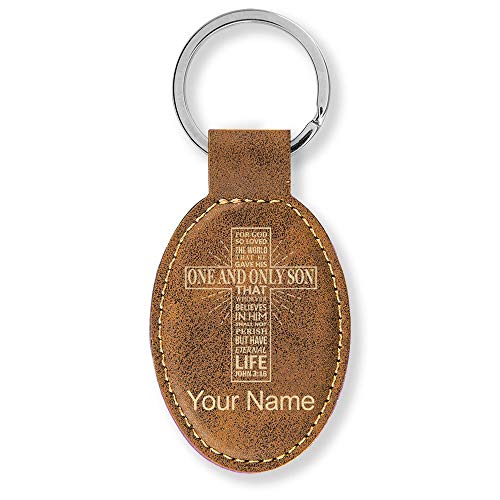 LaserGram Oval Keychain, Bible Verse John 3-16, Personalized Engraving Included (Rustic with Gold)