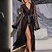Lingerie for Women Sexy Long Lace Kimono Robe Mesh Sheer Chemise Bell Sleeve Fur Trim Gown Swimsuit V Neck Cover Up Black