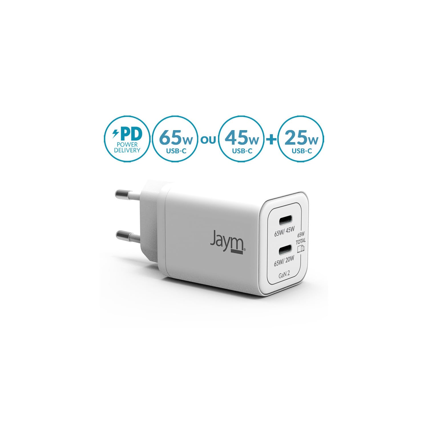 Jaym - Cargador de corriente GaN 65 W + cable USB-C 2 m 100 W Dual USB-C de carga rápida PD PPS para MacBook Pro, iPad, PC portátil, iPhone 17/16, Samsung S26/S25