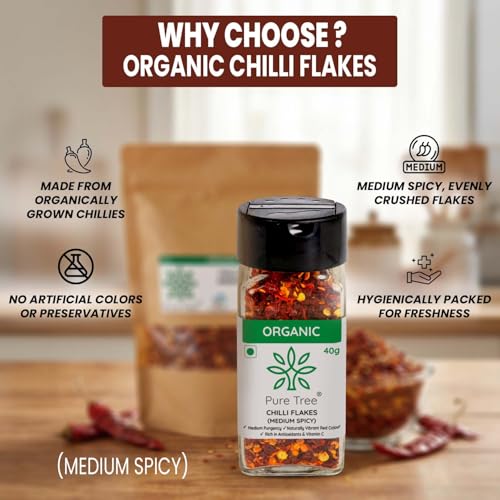 Image of Pure Tree Certified Organic Chilli Flakes Medium Spicy | 40 g | Glass Jar | Crushed Red Pepper Flakes | Pizza Pasta Seasoning | Dried Red Chilli Pieces | Organic Spice