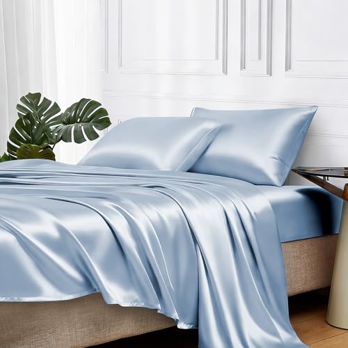 MR&HM Satin Bed Sheets with Elastic Corner Straps, King Size Sheets Set, 4 Pcs Silky Bedding Set with 15 Inches Deep Pocket for Mattress (King, Blue Haze)