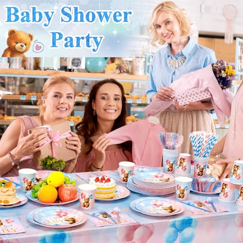 Image of Funnymoom 452 Pcs Bear Themed Gender Reveal Party Decorations for 50, Boy or Girl Gender Reveal Paper Plates Napkins Cups Tablecloth Cutlery Straws for Pink Blue Baby Shower Party Supplies