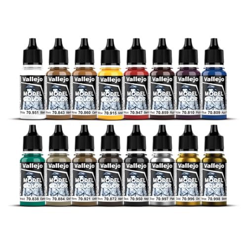 Vallejo Model Color Set 16 Acrylic Paints for Miniatures Matte Finish 18 ml Bottles with Dropper Includes Color Chart for Modeling and Dioramas