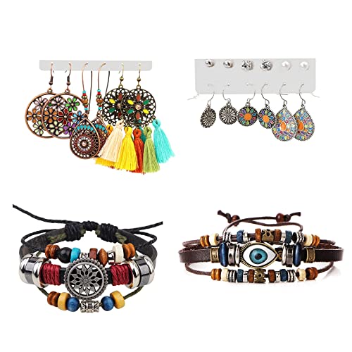 Flongo Damen Böhmische Ohrringe Halskette Armband Hängend Boho Style Ohrstecker Set Dangle Drop für Frauen Mädchen Sommer Strand Set E Cover