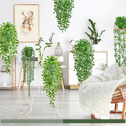 Image of Palonu 4 Pack Faux Artificial Hanging Plants, UV Resistant Fake Potted Greenery with Eucalyptus Vine, Mandala, Pea Pod Leaves & String of Pearls in Pots for Living Room Bathroom Indoor Outdoor Decor
