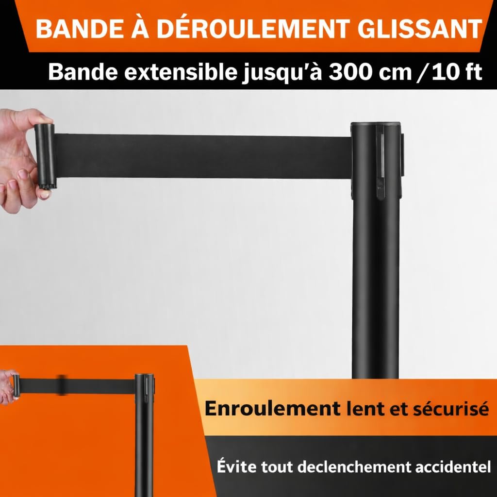 Set de 6 poteaux à Sangle rétractable, Poteau de barrière, Ceintures rétractables de 305 cm, Barrière de sécurité pour la Gestion de la Foule