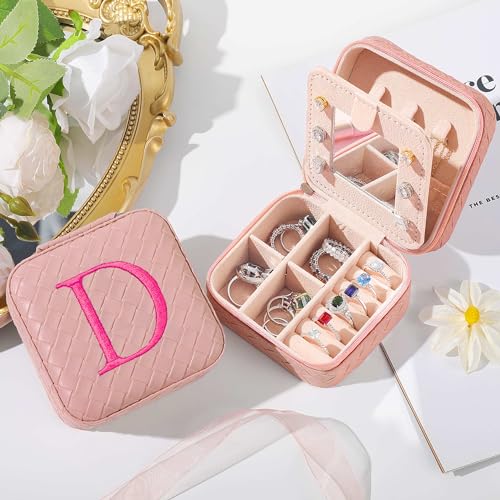 Parima Travel Jewelry Box for Women, Personalized Gifts for Women | Pink Jewelry Box Travel Jewelry Case Jewelry Box | Birthday Gifts for Women Trendy | Travel Gifts Initial Jewelry Box - D