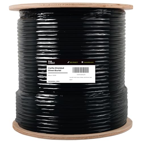 Image of TRUE CABLE Cat5e Direct Burial Bulk Ethernet Cable, Shielded F /UTP, 500ft, Black, Waterproof, Outdoor OSP Jacket, 24AWG Solid Bare Copper, 350MHz, PoE++ 100W