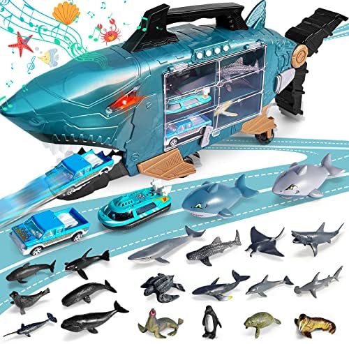 Grarain Shark Toys with led, Music Ocean Animals Toys, Shark Truck Toys with 2pcs Toy Trucks, 2pcs Shark Cars,18pcs sea Animal Toys for 3+ Year Old Kids