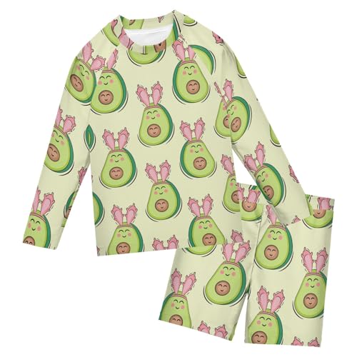 Aflyko Kids' Bathing Suit Set Bunny Avocado Cartoon Long Sleeve Swim Tops with Shorts Summer Vacation Pool Party Rashguard Fun Cute Toddler Infant Beachwear, 4T Multicoloured