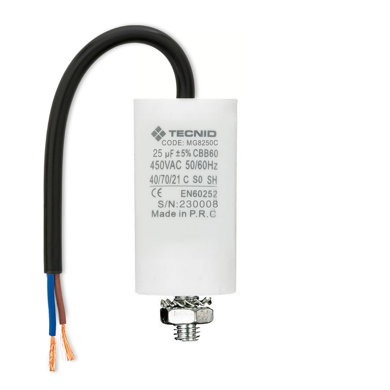 Tecnid by Velamp – Condensatore di Spunto 25µF 450V AC con Cavetto 15cm – Condensatore di Avviamento Per Motori Monofase, Compressori, Pompe, Climatizzatori
