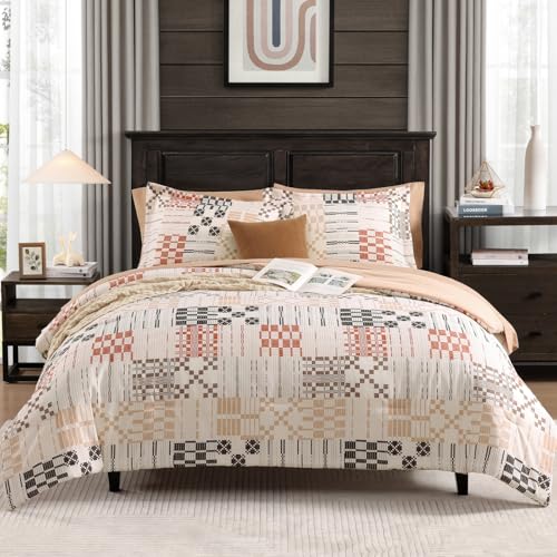Image of MaiReve Queen Comforter Set, Classic Plaid Farmhouse Bedding Sets 7 Pieces, Beige All Season Bed in A Bag with Sheets, Pillowcases & Shams