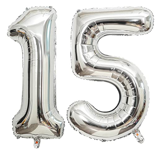 Image of 40 Inch Silver 15 Number Balloons Giant 15 or 51 Balloons Silver Birthday 15 Balloons 15th Birthday Anniversary Party Decorations Supplies