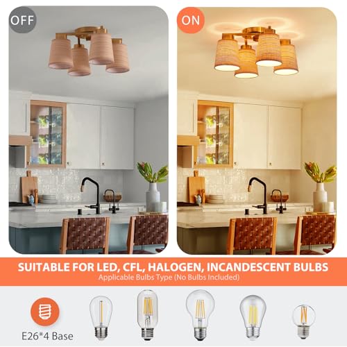 Majhoiw Boho Rattan 4-Light Flush Mount Ceiling Light Fixture 18" Coastal Farmhouse Chandeliers Rustic Ceiling Lamp for Dining Room Bedroom Entryway Foyer Living Room — view 4
