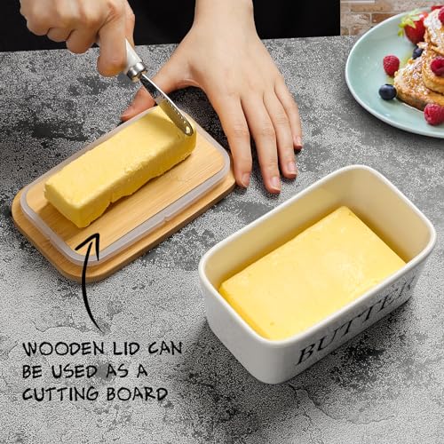 Butterdose mit Holzdeckel, Butterdose Keramik mit Buttermesser, Multifunktion Butterdose Porzellan, 250 g Butter Dish, Butterglocke, Butterbox - immagine 6
