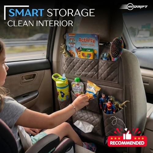 Image of Neodrift 'Seat Master' Premium 7D Car Seat Organizer, Universal Fit, Multi-Pocket Storage for Bottles, Documents or Mobile, Keys And Tissues (Full Coffee)