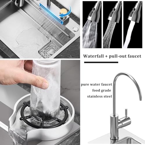 Image of EVANEX EVANEX Kitchen Sink 30x18x9 Inch Waterfall Sinks Kitchen Silver 304 Grade Stainless Steel Sink for Kitchen ANTI SCRATCH HONEYCOMB with Waterfall & Pull-down Faucet Set|Waterfall Kitchen Sink
