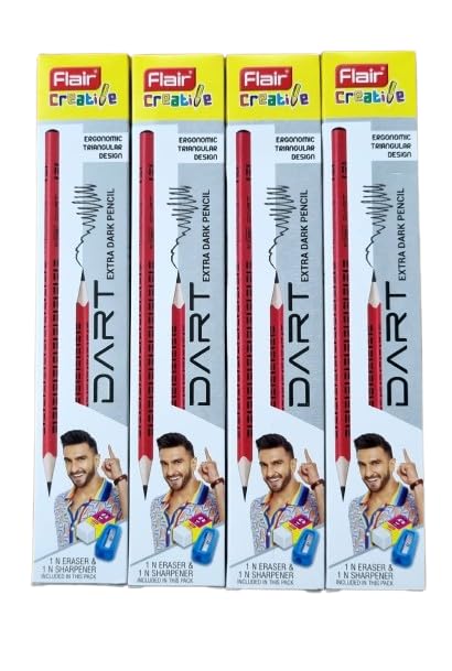 Image of FLAIR Creative DART Extra Dark 2B Wooden Pencils 10| Ergonomic Triangle Body| Comfortable Grip| Soft Treated Premium Wood| FREE 1 Eraser & Sharpener| Pack of 4