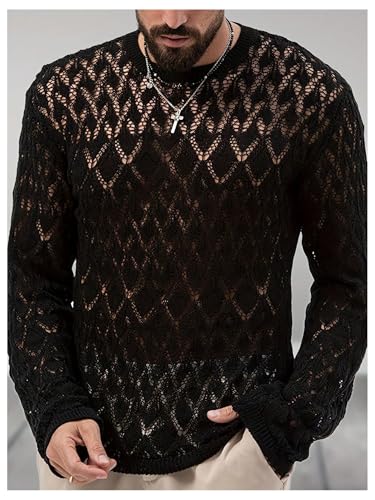Men's Crochet Sweater Hollow Out Crewneck Long Sleeve Distressed Knit Pullovers Top4