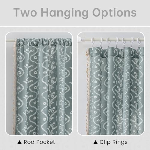 Image of Boho Curtains 63 Inch Long for Living Room, Bedroom, 2 Panels Floral Farmhouse Vintage Tassel Semi Sheer Light Filtering Privacy Window Curtain Drapes with Rod Pocket,Gray