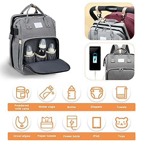 Diaper Bag Backpack, CAMTOA Baby Nappy Changing Bags with Changing Station, Portable Baby Bed 3 in 1 Multifunction Travel Bassinet, Folding Crib, Shade Cloth, Changing Pad, Large Capacity, Waterproof