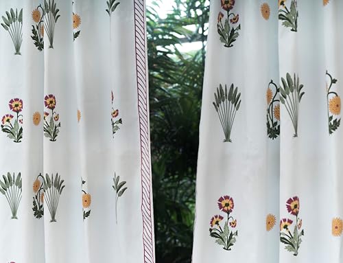 Image of Tranquebar Curtain Co. Cotton Curtains 8 Feet Long, 60-65% Room Darkening, Pink Ethnic Curtains Palms Print, 8 Feet Curtains, 8 Feet Curtains, BackTabs, Bagh (244 cm) - Set of 2