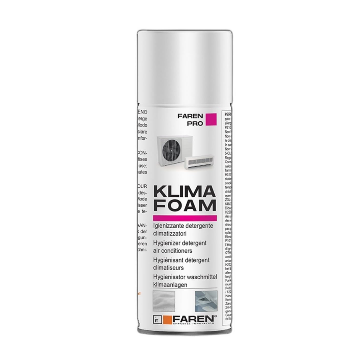 Faren KLIMA FOAM, Detergente Igienizzante Spray Schiumogeno per Condizionatori, ideale per i pacchi alettati e filtri, disgrega lo sporco emulsionandolo, 400ml