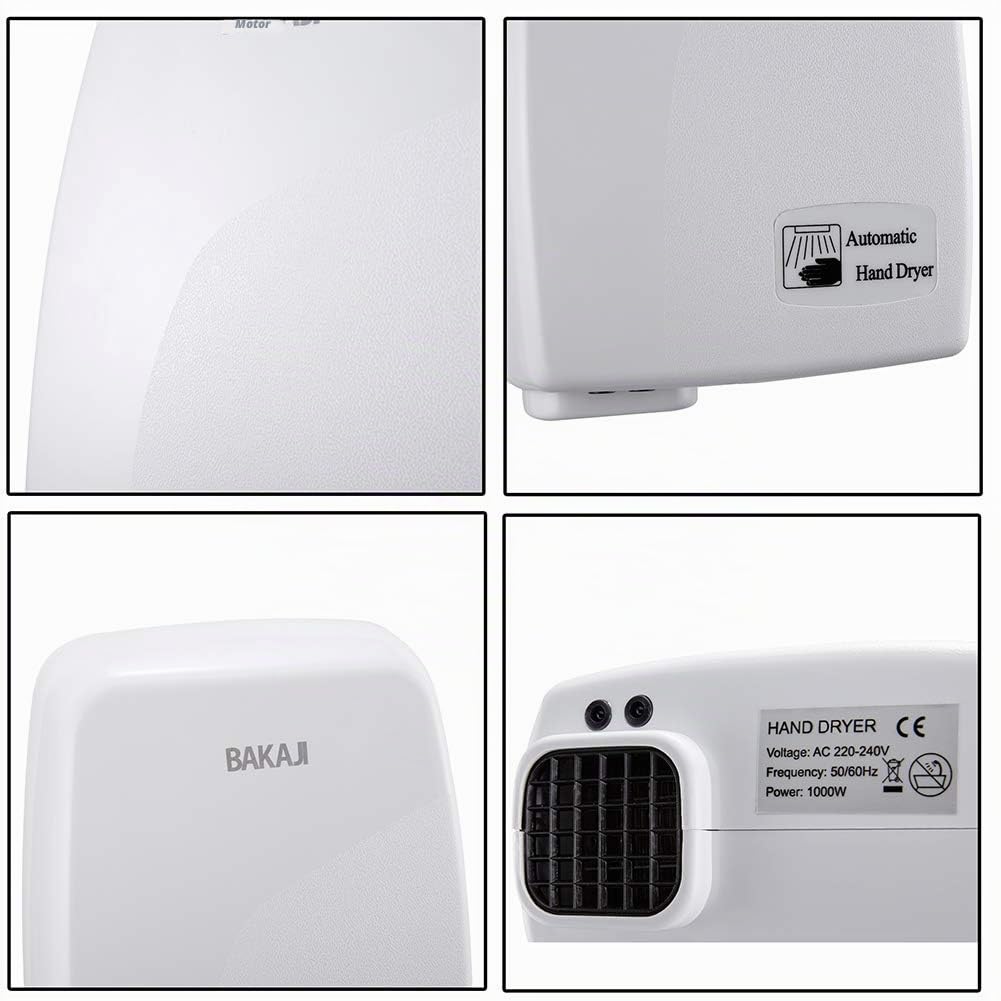 Bakaji - Secador de manos automático eléctrico - Ideal para hoteles, baños públicos - Secador de aire caliente de pared con sensor fotocélula - 1000W de potencia