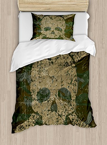 Ambesonne Camo Duvet Cover Set, Abstract Texture Skull and Crossbones Pattern Aged Rusty Grunge Style, Decorative 2 Piece Bedding Set with 1 Pillow Sham, Twin Size, Dark Green Khaki Cream