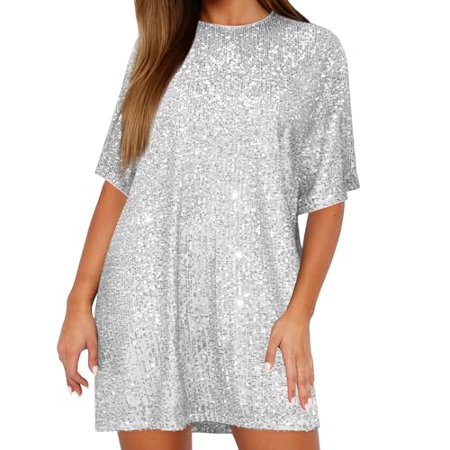 Damen Pailletten Kleid Glitzer T-Shirt Kleid,...